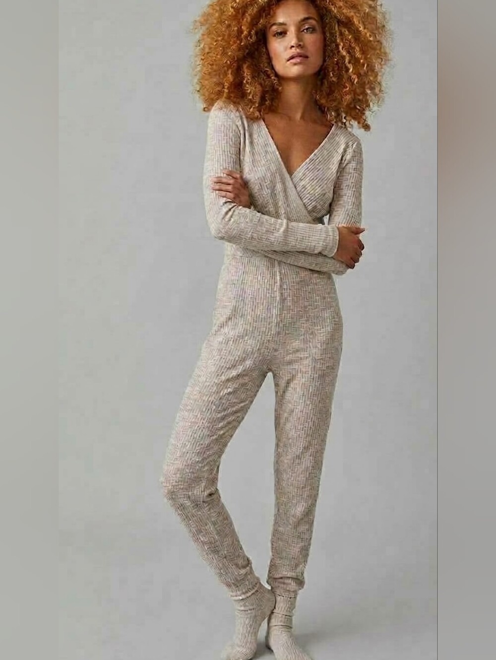 Intimately By Free People Ribbed Wrap-Front Jumpsuit Light Beige Sz S Pockets